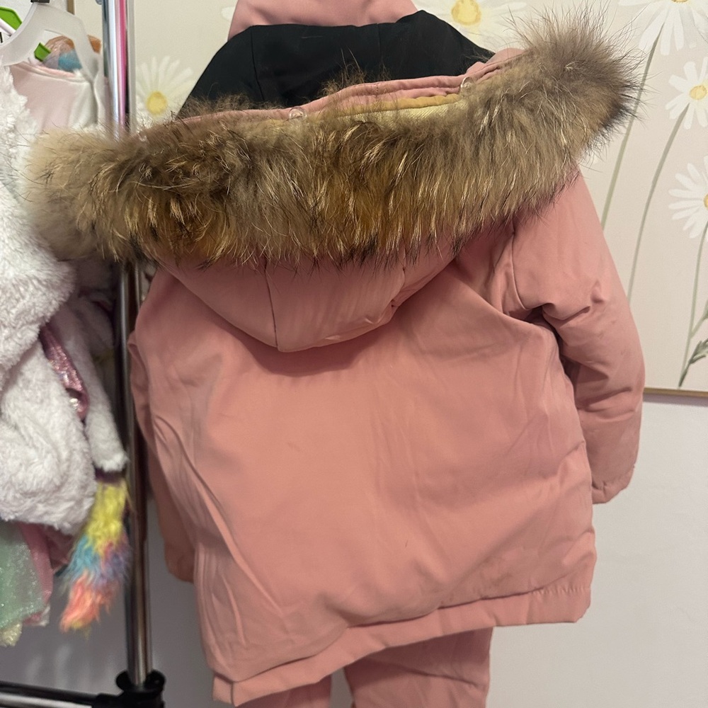 Pink Hooded Coat with Faux Fur Trim and matching snow pants